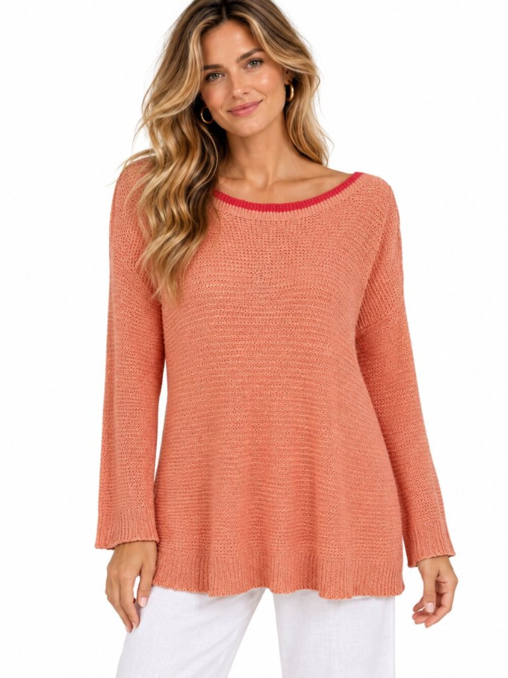 Eileen Fisher‎ Linen Textured Knit Sweater M Orange Pink Boatneck Coastal Resort